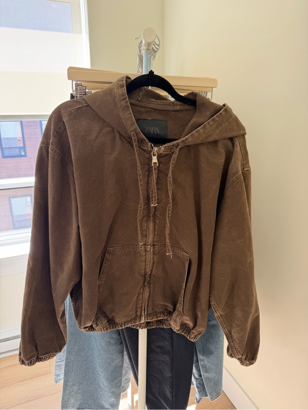 ZARA Brown Hooded Zip-Up Bomber Jacket